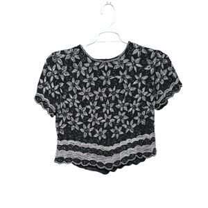 Papell Botique Women’s Black Sequin Beaded Short Sleeve Holiday Blouse Petite Lg